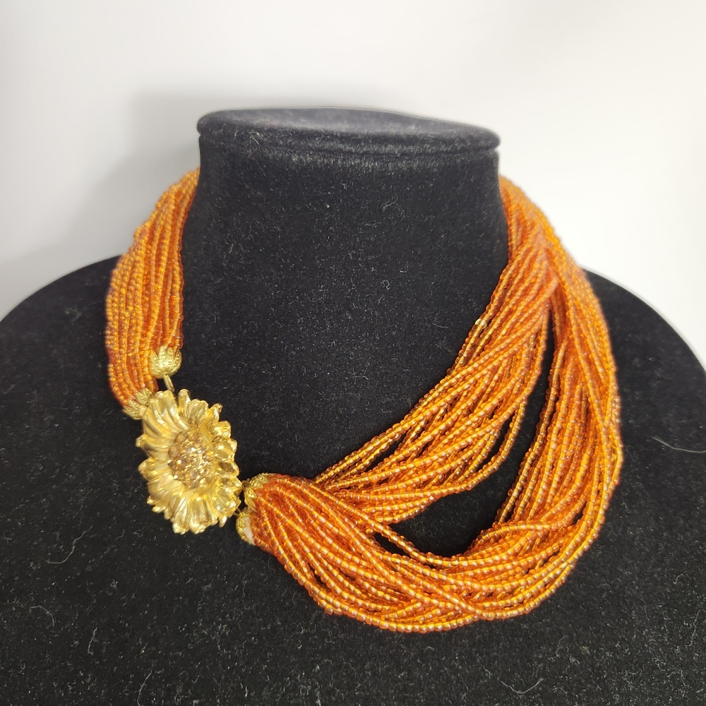 vintage amber seed beaded multistrand choker necklace statement costume flower